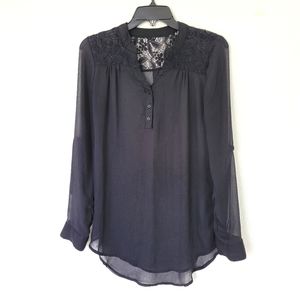 Top Tunic Black Blouse Size S Semi-sheer Lace accents